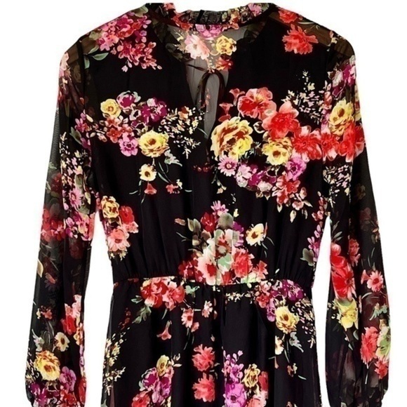 NEW Fraiche By J Dress Black Multi Floral Sheer Long Sleeve Women’s Dress Size M - Picture 3 of 11